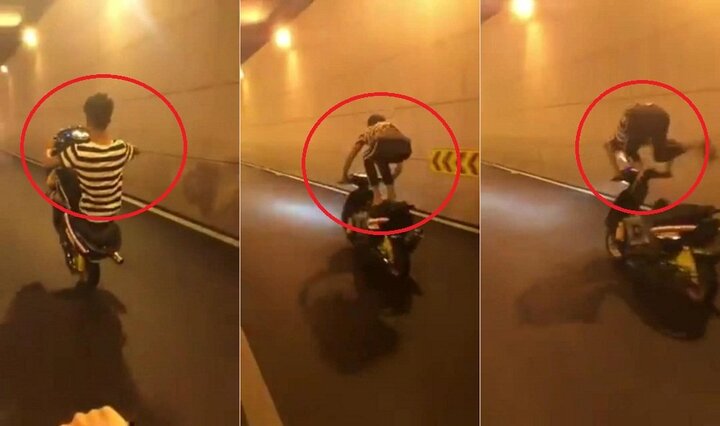 Clip: Thanh niên bốc đầu, làm xiếc với xe máy trong hầm và cái kết đắng