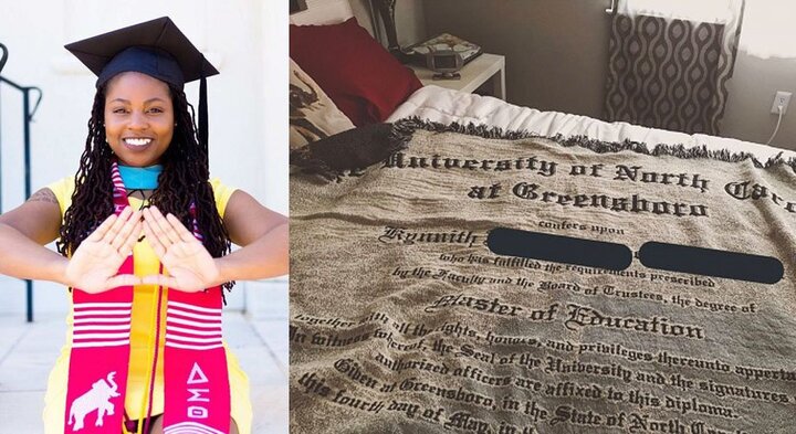Cô gái Mỹ hạnh phúc được mẹ tặng tấm chăn in hình bằng tốt nghiệp