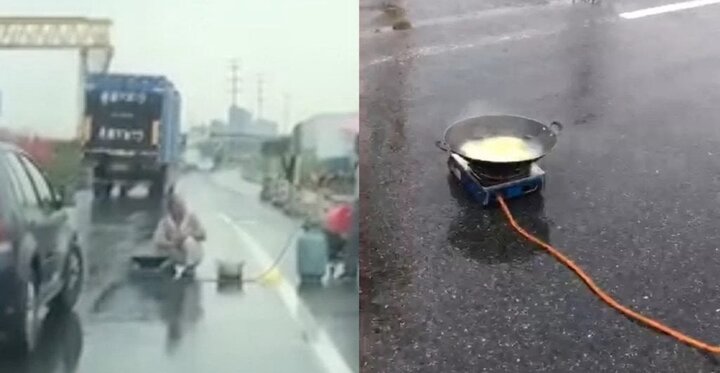 Người đàn ông ngang nhiên ngồi giữa đường cao tốc nấu mỳ