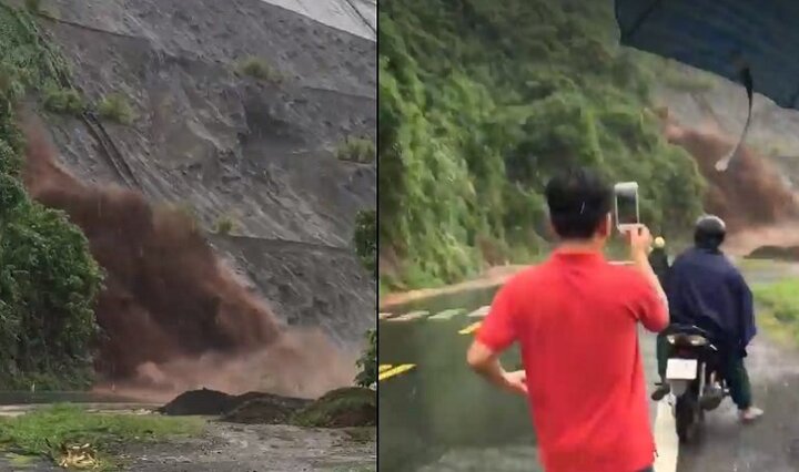 Đất đá đổ sầm sập vùi lấp quốc lộ, dân tranh thủ lấy điện thoại ghi hình sống ảo