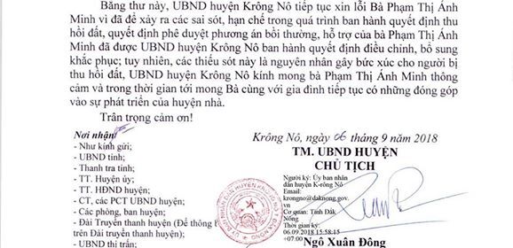 Ban hành quyết định sai, UBND huyện gửi văn bản xin lỗi dân