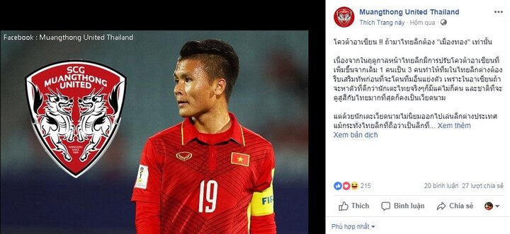 Bác tin 'gã khổng lồ' Thai League muốn chiêu mộ Quang Hải