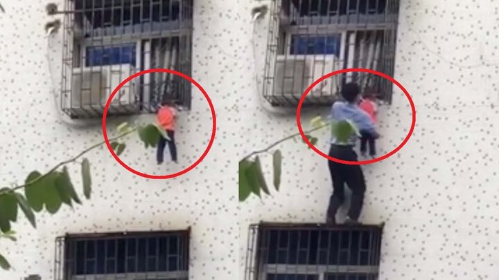 Clip: Người đàn ông cứu bé trai bị mắc đầu vào khung sắt, treo lơ lửng