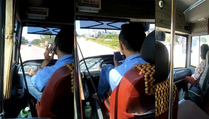 Thót tim cảnh lái xe buýt bằng chân, tay cầm điện thoại chửi tục tĩu