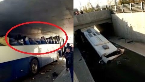 Clip: Hãi hùng xe khách bị cắt phăng nóc khi lao qua gầm cầu