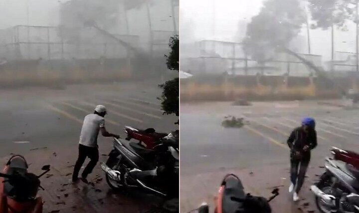 Clip: Dông lốc khủng khiếp quật ngã cây xanh, nhiều người cuống cuồng tháo chạy