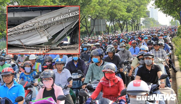 Hàng nghìn phương tiện chôn chân nhiều giờ sau sự cố sập mái che hầm Thủ Thiêm