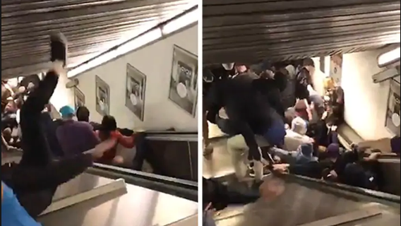 Clip: Thang cuốn đột ngột tăng tốc, hàng chục người ngã chồng lên nhau