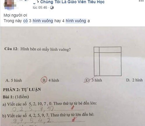 Bài toán tìm hình vuông của học sinh lớp 1 khiến phụ huynh, giáo viên đau đầu