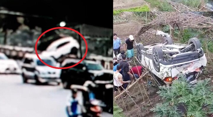 Clip: Nữ tài xế lùi bất cẩn, ô tô lao vọt xuống bờ kè nằm phơi bụng