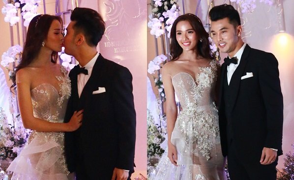 Kim Cương diện váy cưới ôm sát, tình tứ hôn Ưng Hoàng Phúc tại tiệc cưới