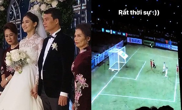 Vợ chồng Á hậu Thanh Tú mở màn hình LED cho khách mời dự đám cưới cổ vũ đội tuyển Việt Nam