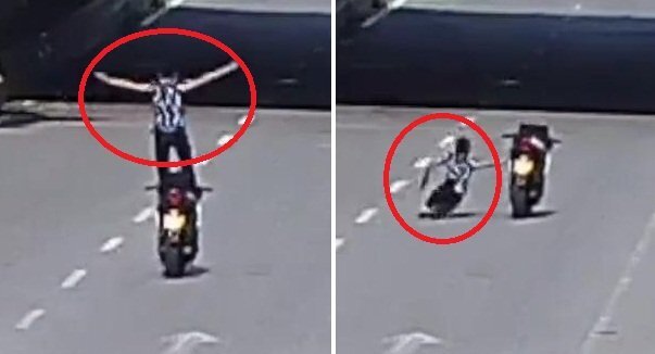 Clip: Làm xiếc 'bay' trên xe máy đang chạy, quái xế tiếp đất bằng mặt