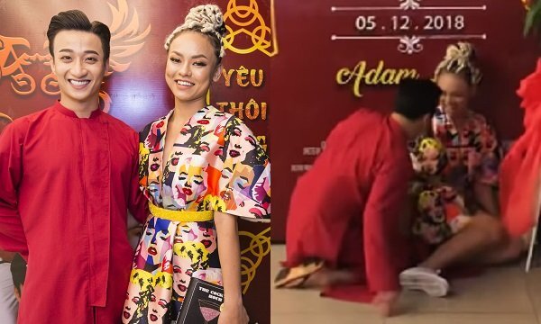 Mai Ngô ngã sõng soài khi mải mê tạo dáng bên Adam Lâm