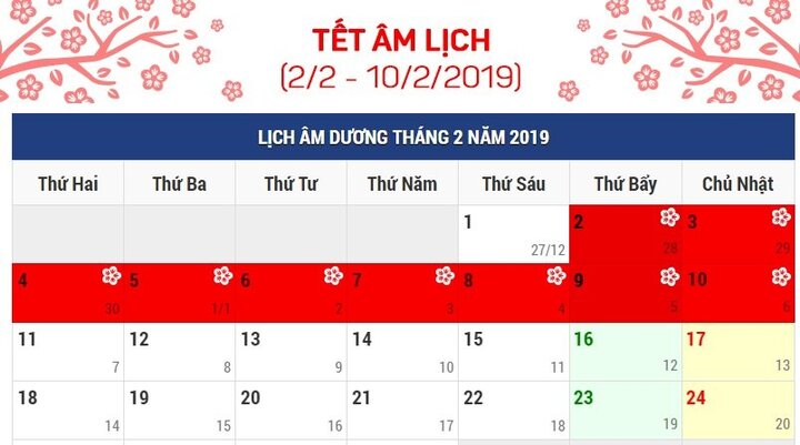 Lịch nghỉ Tết Nguyên đán và các ngày lễ trong năm 2019