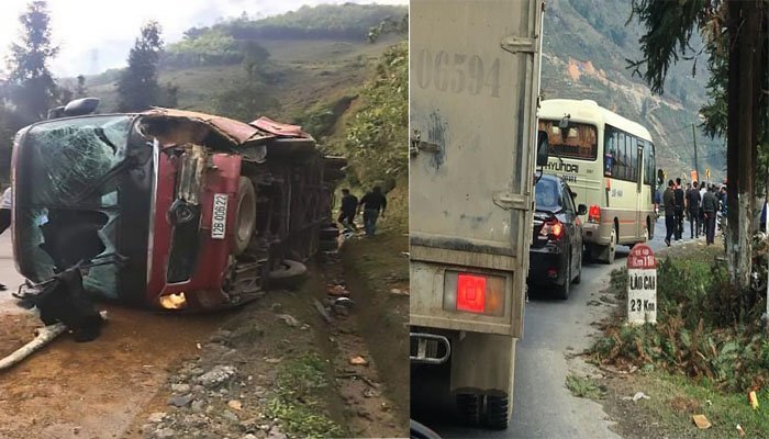 Xe khách lật nghiêng đè chết một người đi xe máy, nhiều hành khách bị thương ở Lào Cai