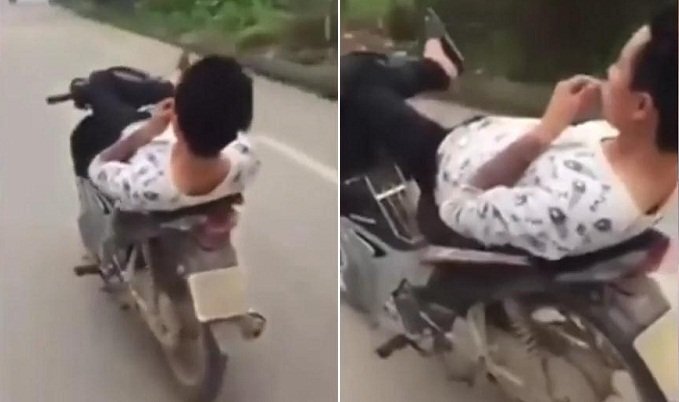 Clip: Khiếp đảm thanh niên nằm ngửa, lái xe máy bằng chân
