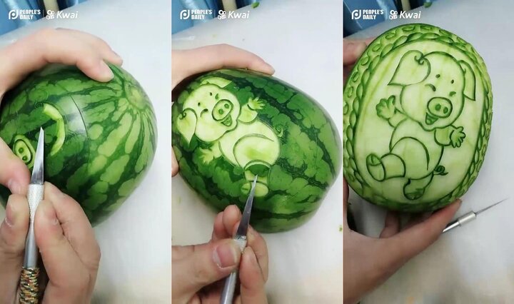 Clip: Khắc tỉa hình lợn trên dưa hấu đẹp mê ly