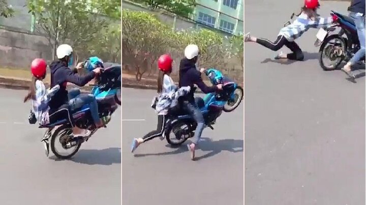Clip: 'Quái xế' bốc đầu xe máy khi chở bạn gái và cái kết đắng