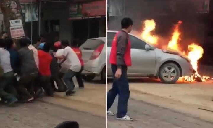 Clip: Hàng chục người hiệp lực kéo ô tô bốc cháy ra khỏi nhà dân ở Thanh Hóa
