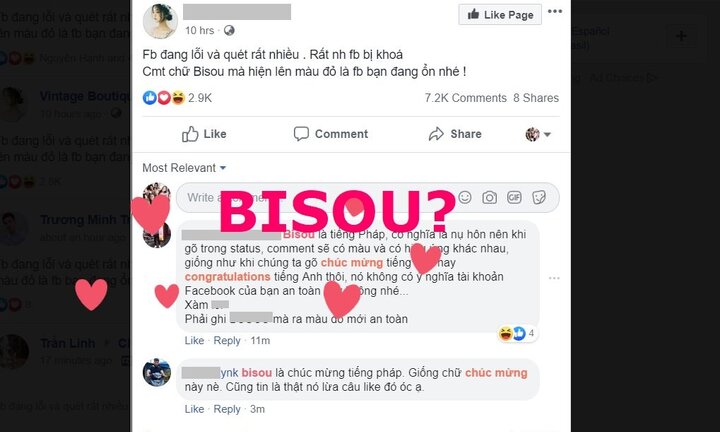 Thực hư việc bình luận 'bisou' để kiểm tra tính an toàn của tài khoản Facebook