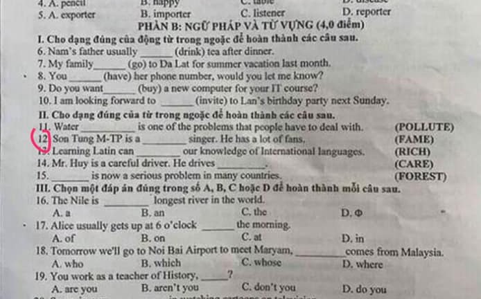 Sơn Tùng M-TP xuất hiện trong đề thi Tiếng Anh vào lớp 10 ở Thanh Hóa