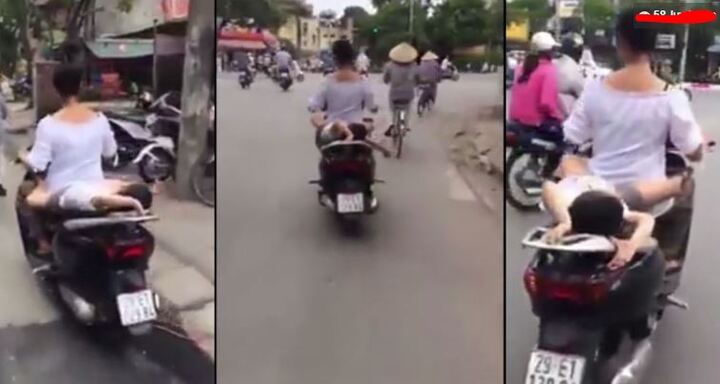 Clip: Thót tim cảnh mẹ chở con nằm dài sau xe máy