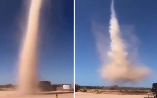 Cận cảnh cơn lốc bụi cao hàng chục mét xuất hiện giữa đường