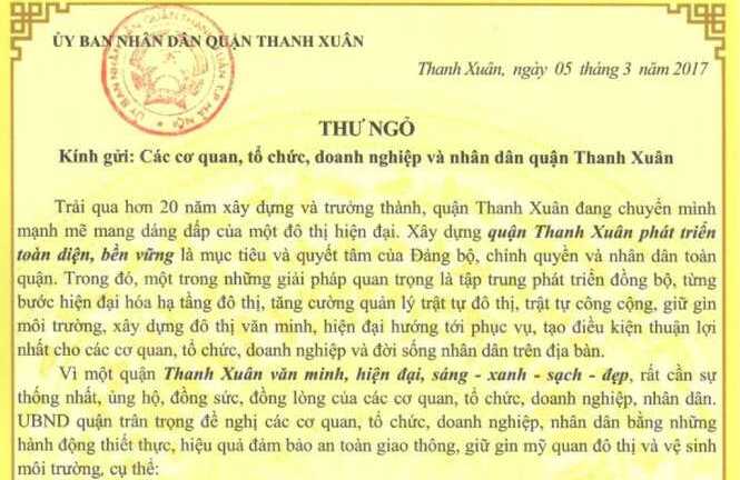 Chủ tịch quận ở Hà Nội viết thư kêu gọi không chiếm vỉa hè, lòng đường