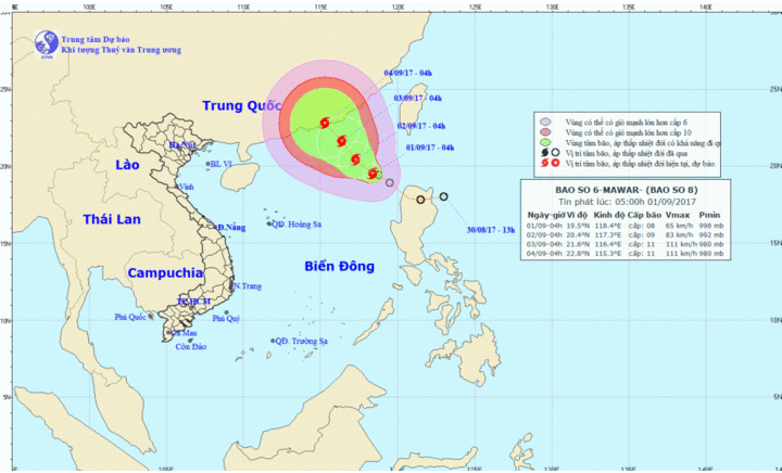 Áp thấp nhiệt đới mạnh lên thành cơn bão số 8 giật cấp 10 trên Biển Đông