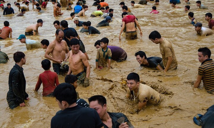 Ảnh: Hàng trăm người lao xuống ao bắt cá lấy may trong giá rét