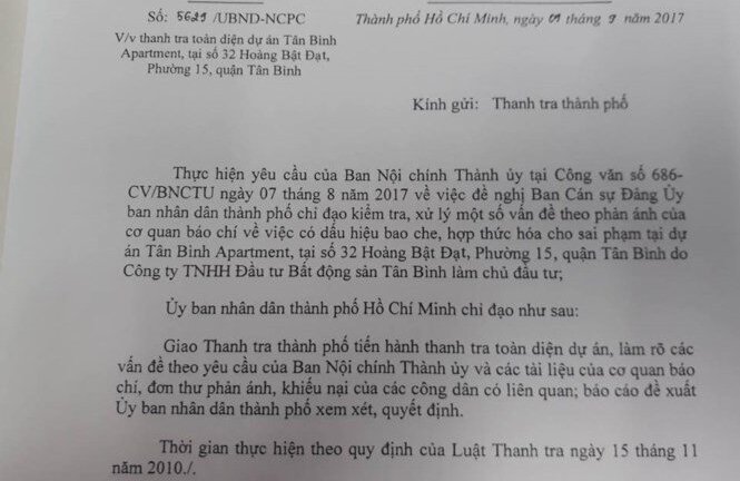 Thanh tra toàn diện dự án Tân Bình Apartment