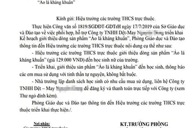 Ra công văn bán áo lót cho học sinh, Phòng GD&ĐT huyện ở Long An nói gì?