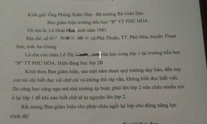Sự thật lá đơn phụ huynh gửi Bộ trưởng GD&ĐT xin cho con ở lại lớp