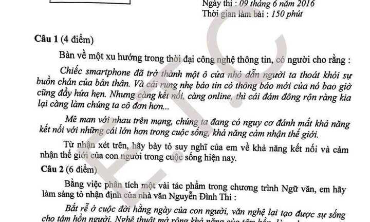 Đề thi môn Ngữ văn lớp 10 chuyên tại Hà Nội năm 2016