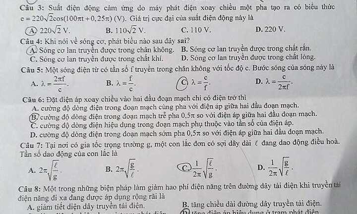 Đáp án đề thi môn Vật lý năm 2016 mã đề 169