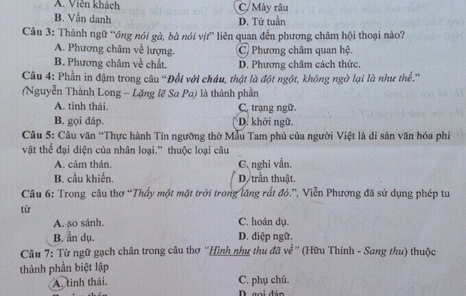 Đáp án đề thi môn Ngữ văn vào lớp 10 ở Nam Định năm 2017