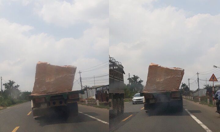 Hãi hùng xe đầu kéo chở 2 tảng đá khổng lồ băng băng trên quốc lộ ở Gia Lai