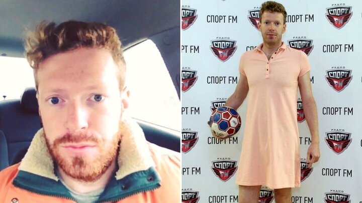 Nam phát thanh viên Nga mặc váy đi làm để ăn mừng chiến thắng của đội nhà