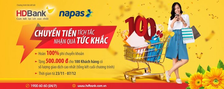 HDBank hoàn 100% phí chuyển khoản nhanh 24/7