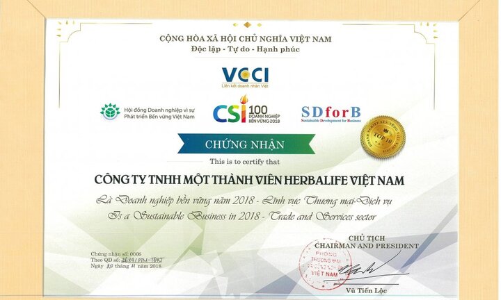 Herbalife Top 10 doanh nghiệp bền vững lĩnh vực dịch vụ thương mại năm 2018