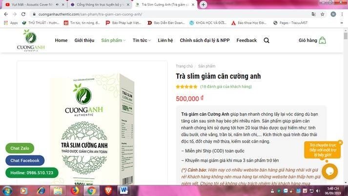 Trà Slim Cường Anh bị quảng cáo trên website giả mạo