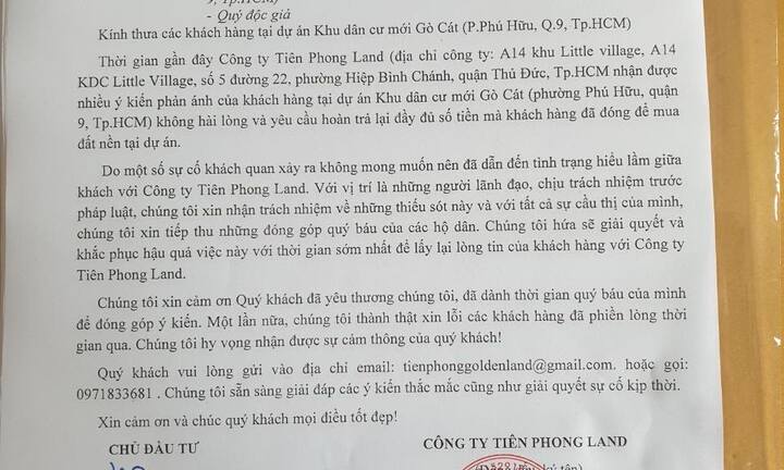 Tiên Phong Land gửi công văn khắc phục sai phạm tại dự án Khu dân cư mới Gò Cát