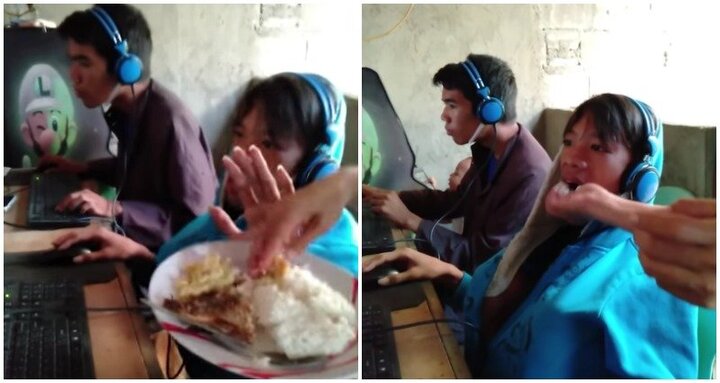 Mẹ xúc cơm phục vụ con trai nghiện game online