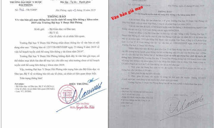 Phát hiện văn bản tuyển sinh giả mạo Đại học Y Dược Hải Phòng