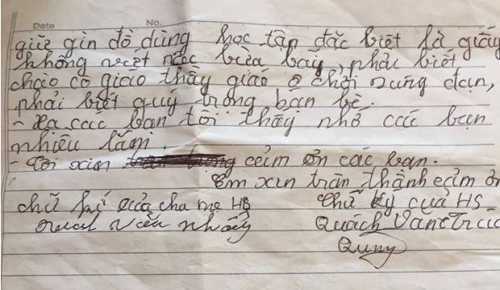 Đơn xin thôi học của nam sinh lớp 7 gây xúc động