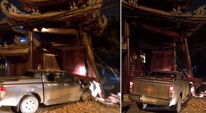 Tài xế nghi say xỉn lái ô tô tông sập cổng chùa Ngòi ở Hà Nội