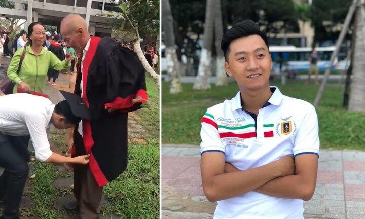 Xúc động hình ảnh nam sinh cúi người mặc áo cử nhân cho ông nội trong lễ tốt nghiệp