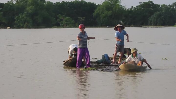 Dân Chương Mỹ chế bè di chuyển khỏi vùng lụt