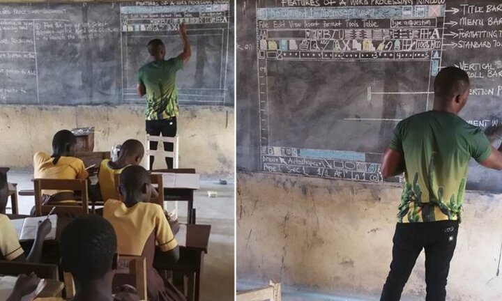 Trường nghèo không có máy tính, thầy giáo vẽ cả màn hình Word lên bảng phấn